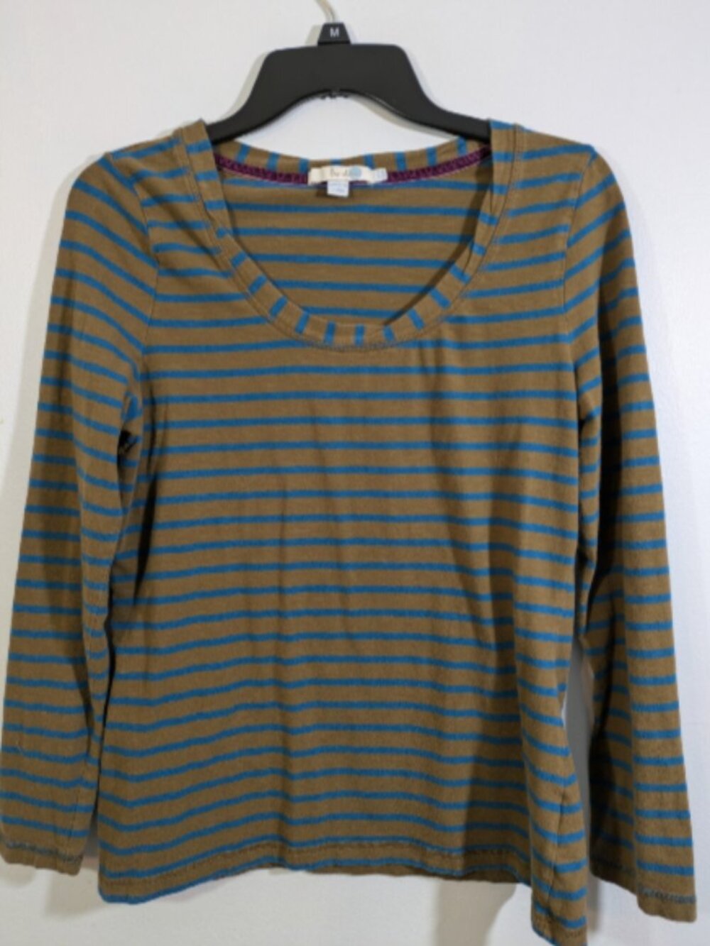 Boden Cotton Modal Long Sleeve Knit Top Olive Green Stripe Size 12 Casual Career